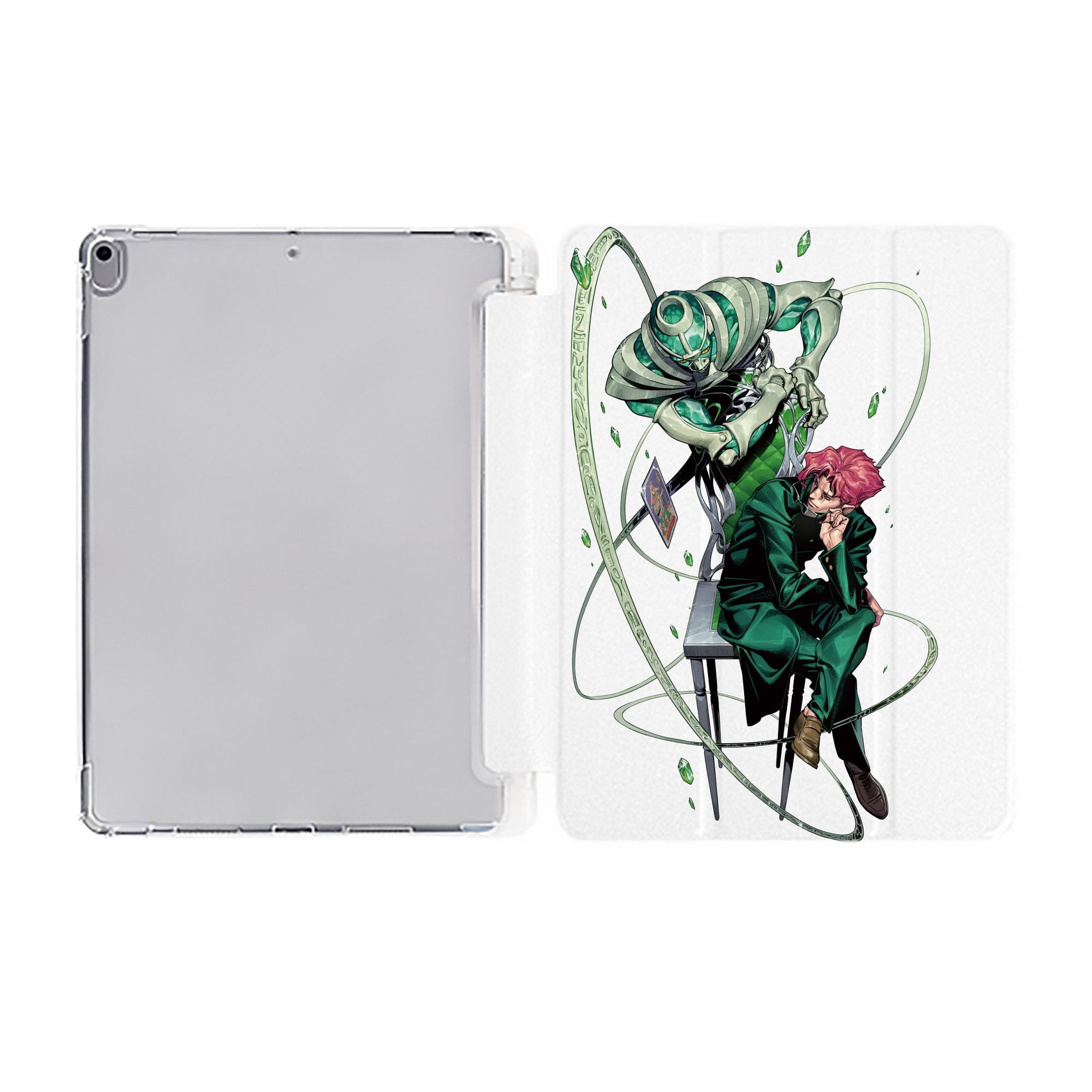 （画像用） ジョジョの奇妙な冒険 花京院 典明（かきょういん のりあき） JoJo's Bizarre Adventure Kakyoin Noriaki IPad ケース ペン収納付き 三つ折りスタンド PUレザー×シリコン 対応機種9.5/10.5/10.9インチ